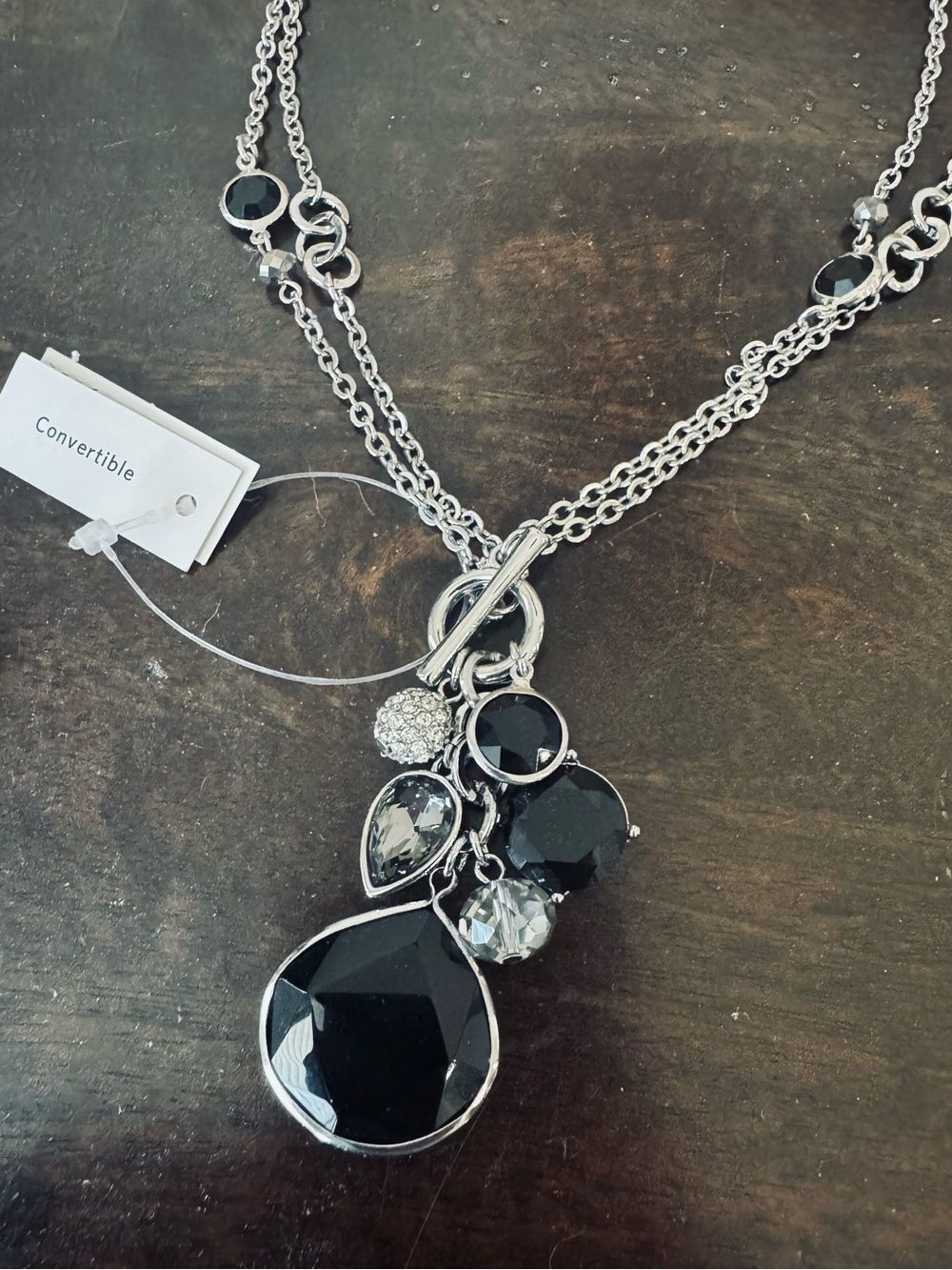 White House Black Market Silver Black Crystal Jewel Convertible Lariat Necklace